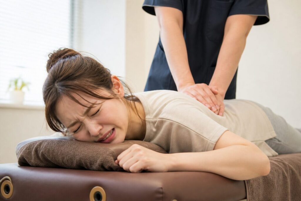 痛そうな施術を受ける女性