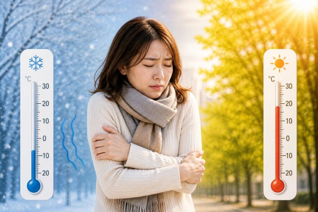 寒暖差で辛そうな女性