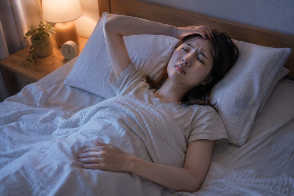 ベッドで寝付けない女性